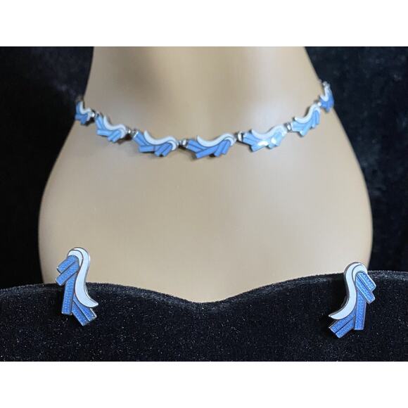 Vintage Margot De Taxco Silver Blue and White Enamel Necklace and Earring set - Picture 1 of 13